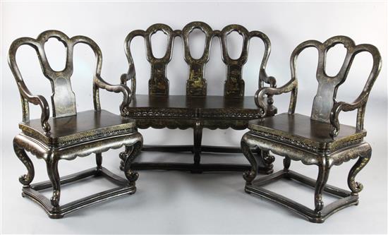 A 19th century Chinese gilt-decorated black lacquer three piece suite,